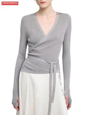 Wool Blend Wrap Sweater Long Sleeve V Neck Tie Front Crop Cardigan